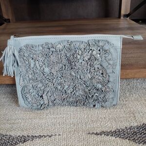 Holding Horses Leather Fringe Clutch, Silvery Blue